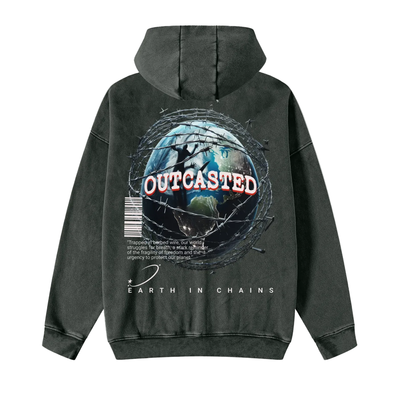 Black hoodie with 'Outcasted' graphic on the back, featuring a stylized globe and text.
