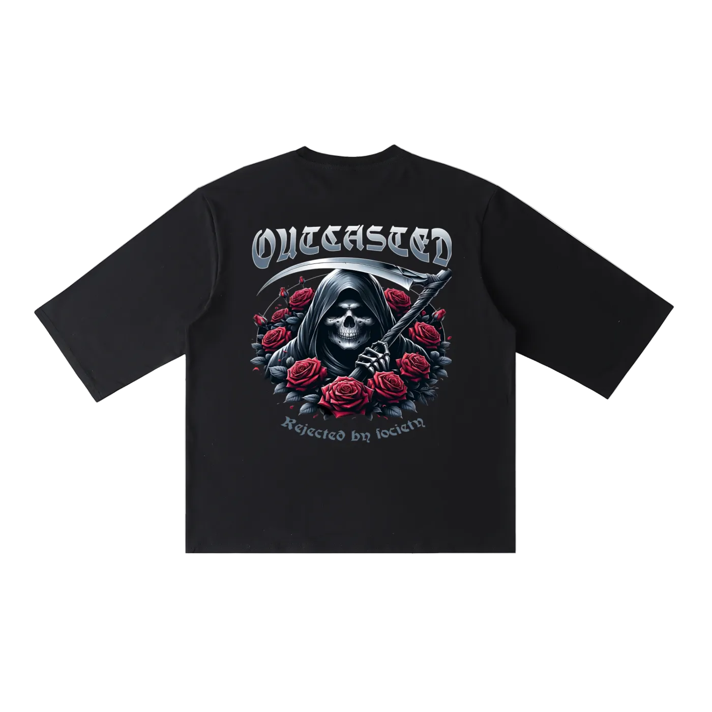 Black t-shirt with grim reaper design and roses on a white background