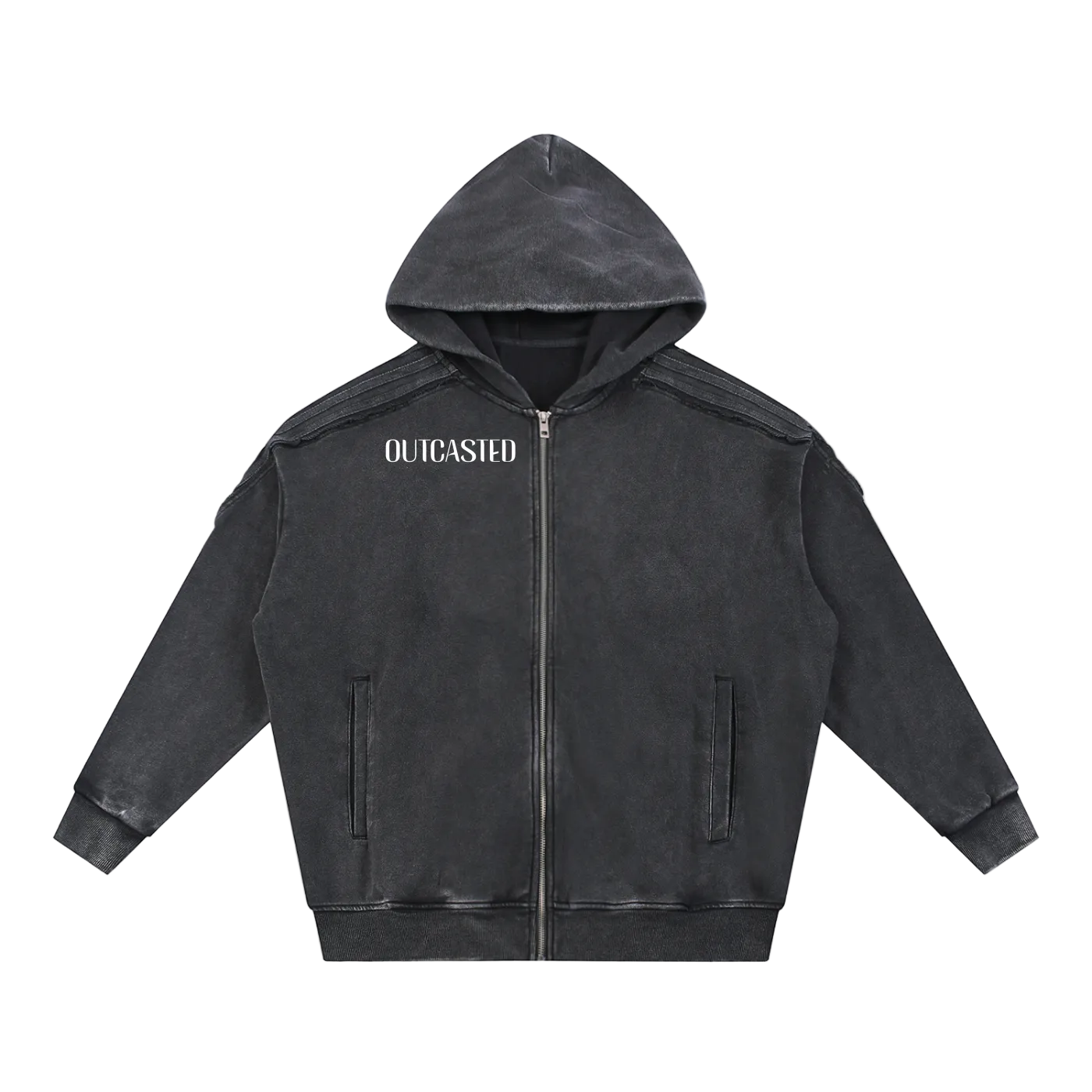 OutCasted Snow Washed Tape Raw Edge Zip Hoodie