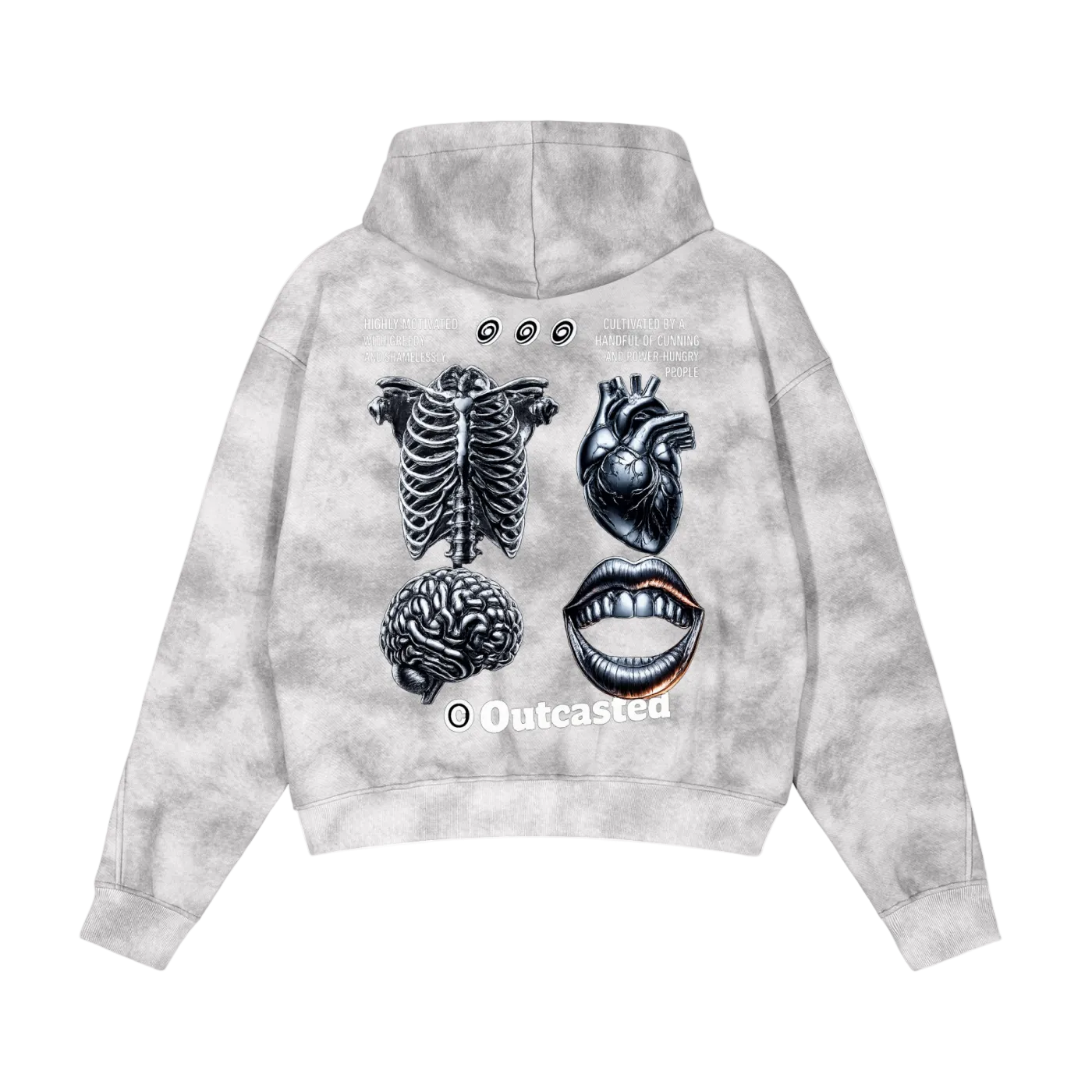 Gray tie-dye hoodie with anatomical designs and 'Outcasted' branding on a white background