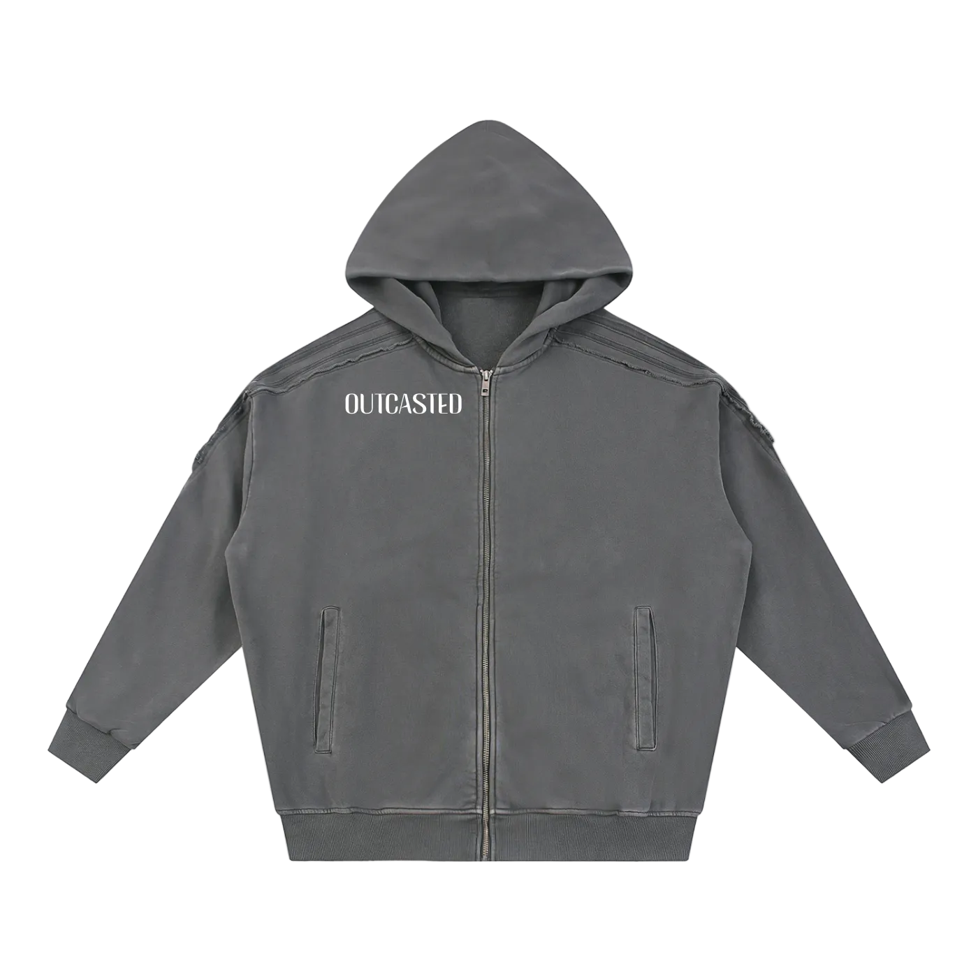 OutCasted Snow Washed Tape Raw Edge Zip Hoodie