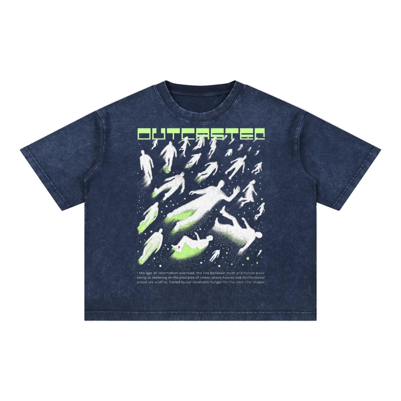 Navy blue t-shirt with graphic design and 'OUTCASTED' text on a white background