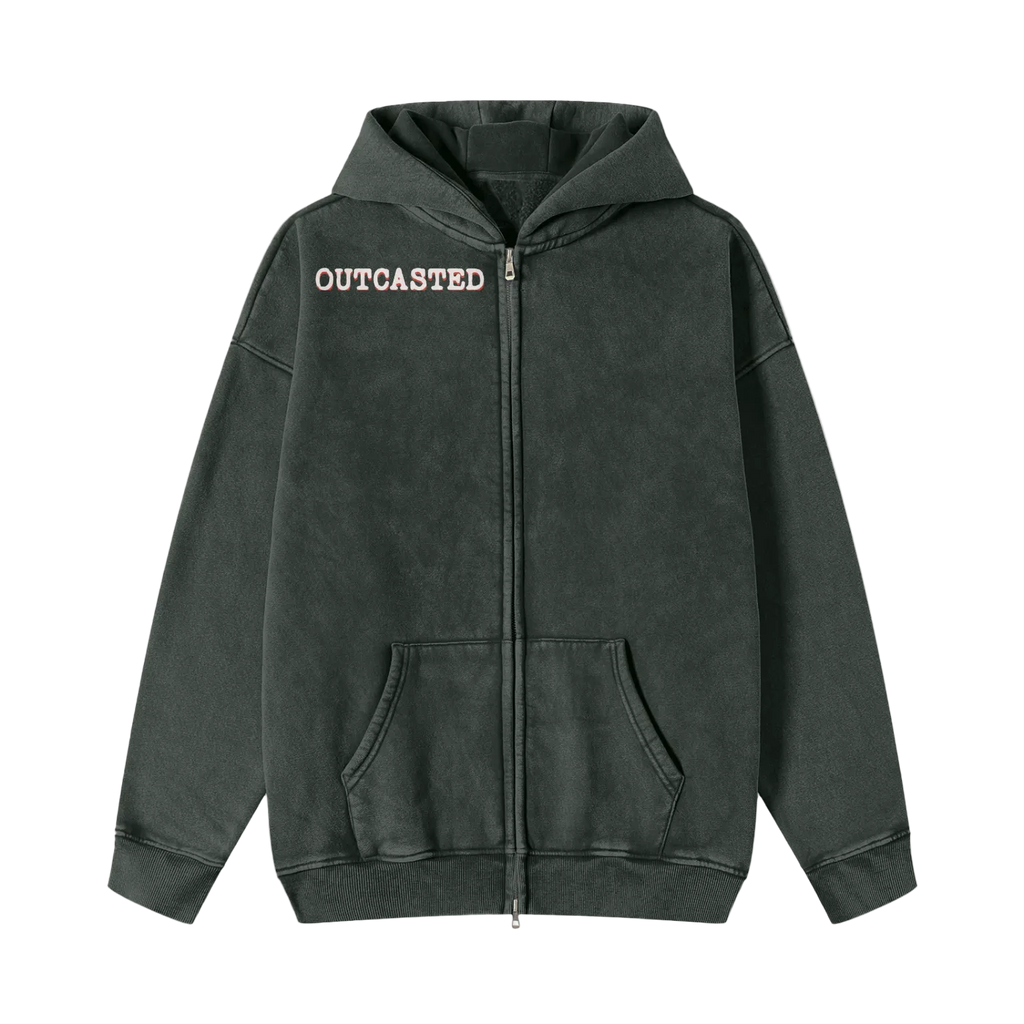 Dark gray hoodie with a brand label on a white background