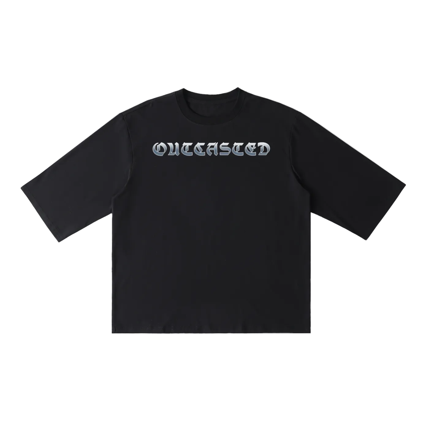 Black t-shirt with 'OUTCASTED' text on a white background